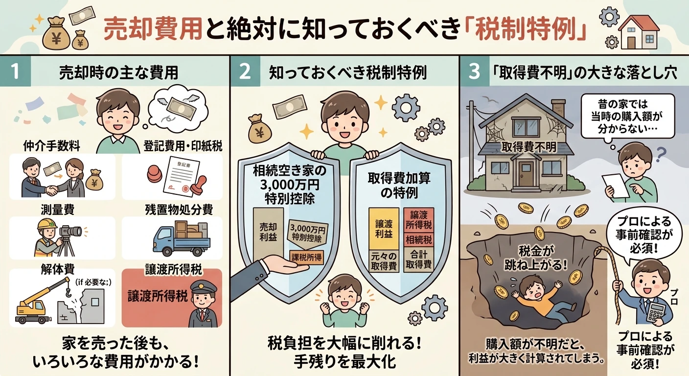 相続不動産の仲介手数料、登記費用、測量費、解体費、譲渡所得税と税制特例
