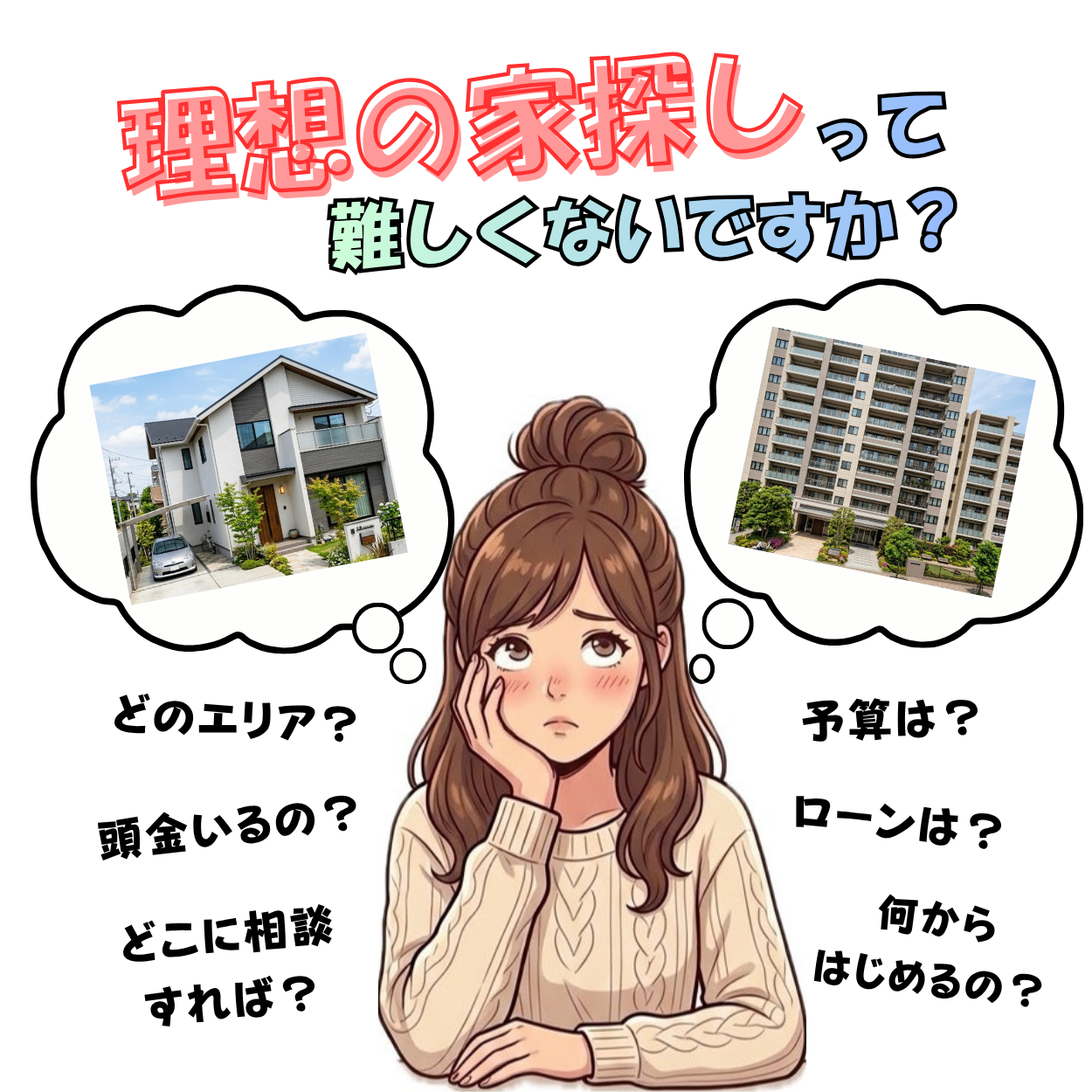 理想の家探しで、エリア・予算・頭金・住宅ローン・相談先などを考える女性