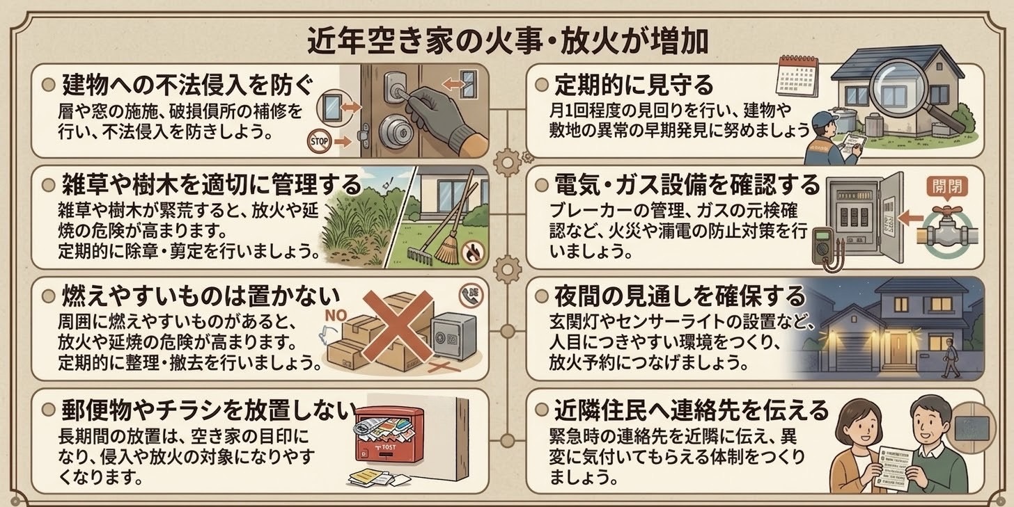 近年増加する空き家の火事と放火を防ぐための定期点検、管理、近隣連絡などの対策