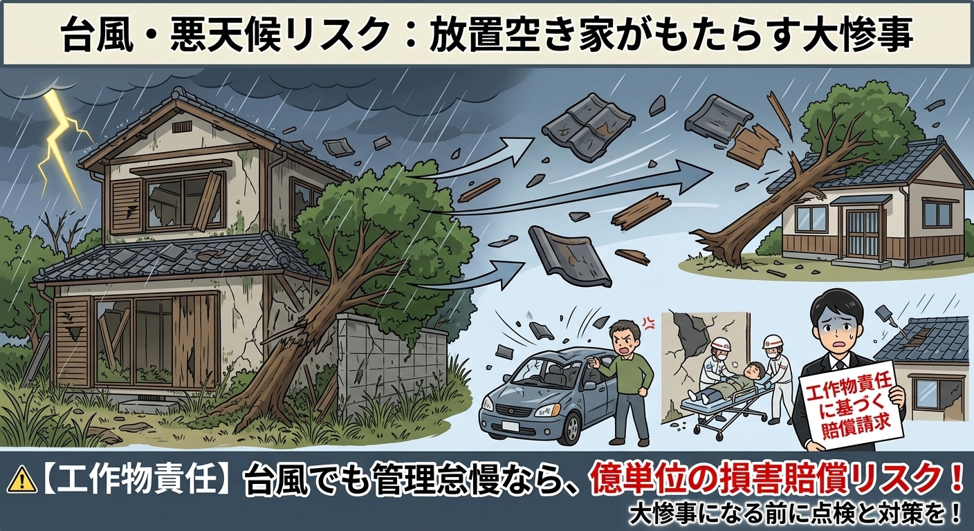 台風で放置空き家の屋根材や庭木が飛散し、損害賠償につながるリスク