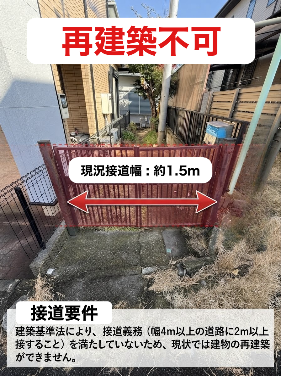 接道幅員が約1.5メートルで再建築不可となる物件の例